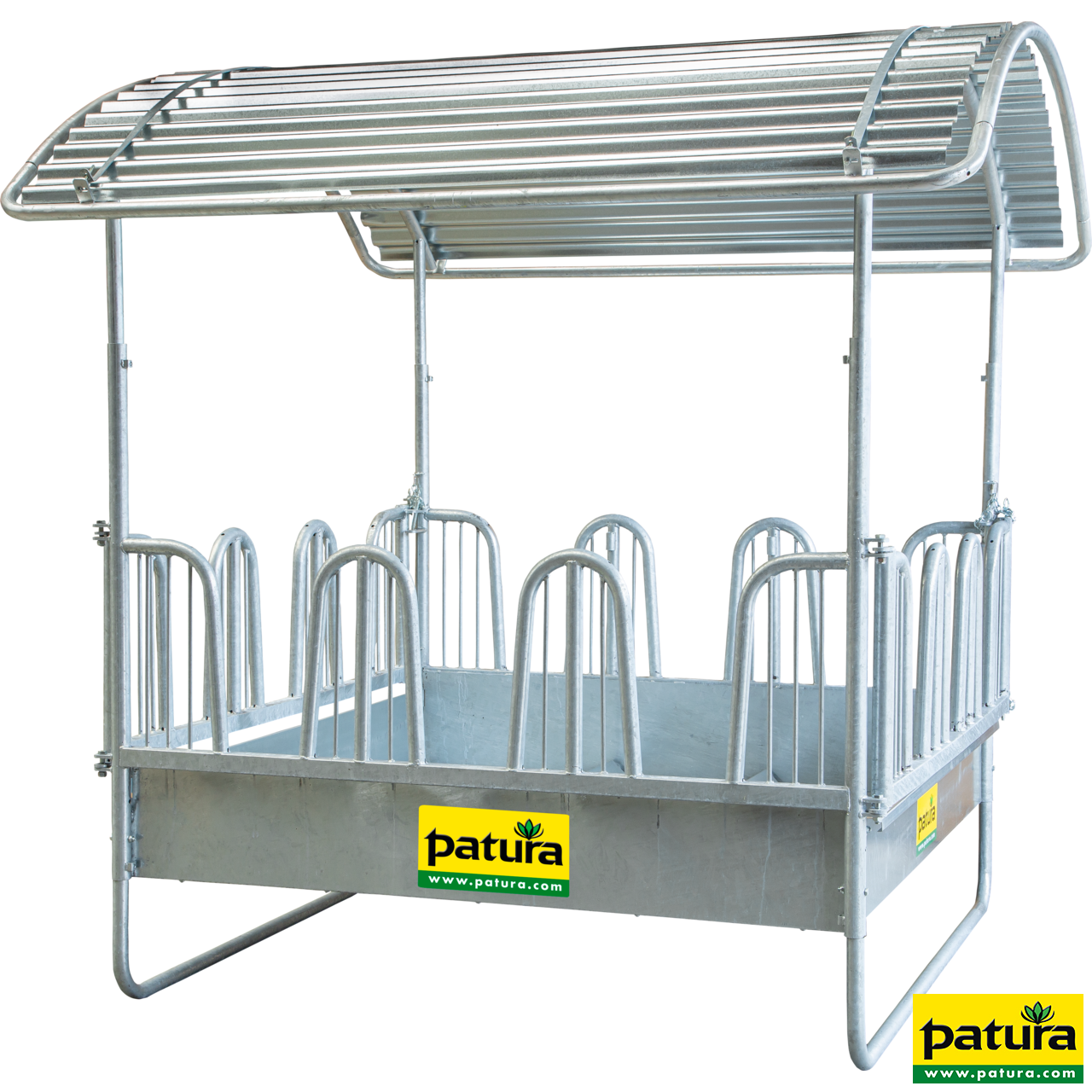 303683 Patura Compact-Viereckraufe mit Sicherheits-Palisadenfressgittern, hier mit montiertem Dachkanten-Schutzbügel 303573