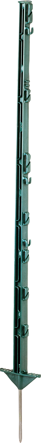 10 Stk. 1,05 m Kunststoffpfahl, grün, 7 Draht- + 2 Seilhalter, doppelte Trittstufe, Eisenspitze