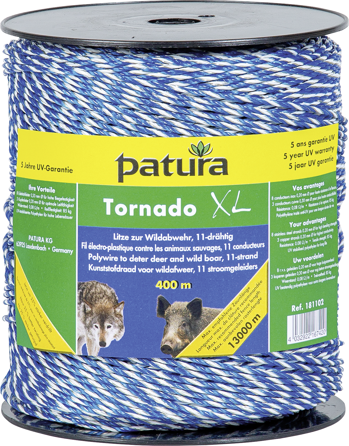 400 m Tornado XL-Litze, 0,08 Ohm/m, 8 Niro 0,2 mm, 3 Cu 0,30 mm, blau-weiß